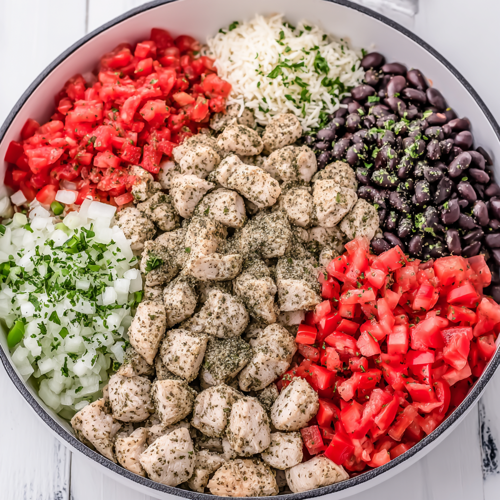Flat lay of fresh ingredients for quick and easy homemade butter chicken – chicken, spices, tomato, cream, onion, garlic, and cilantro.