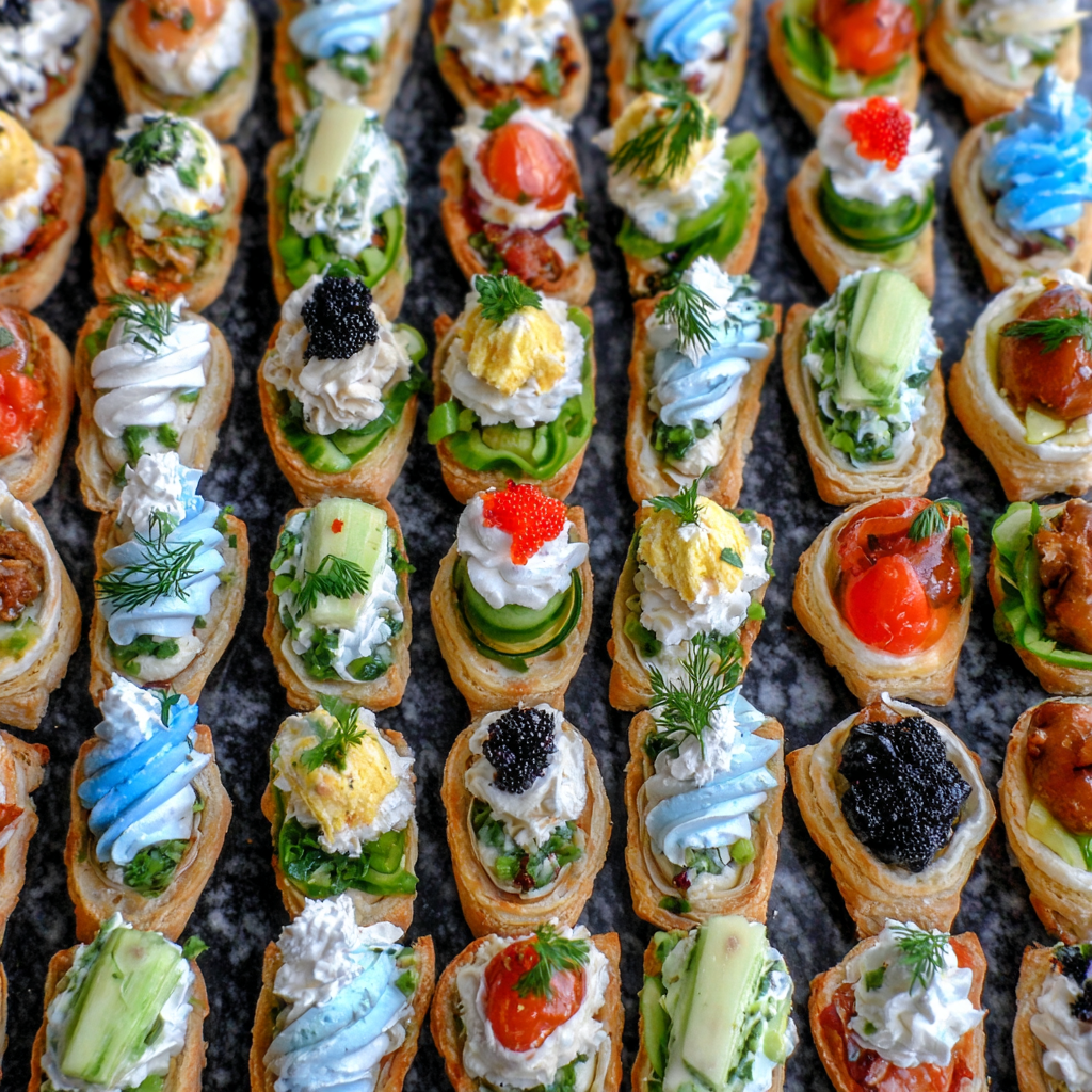 Colorful Thanksgiving appetizers with puff pastry, cream, herbs, and veggies arranged in neat rows.