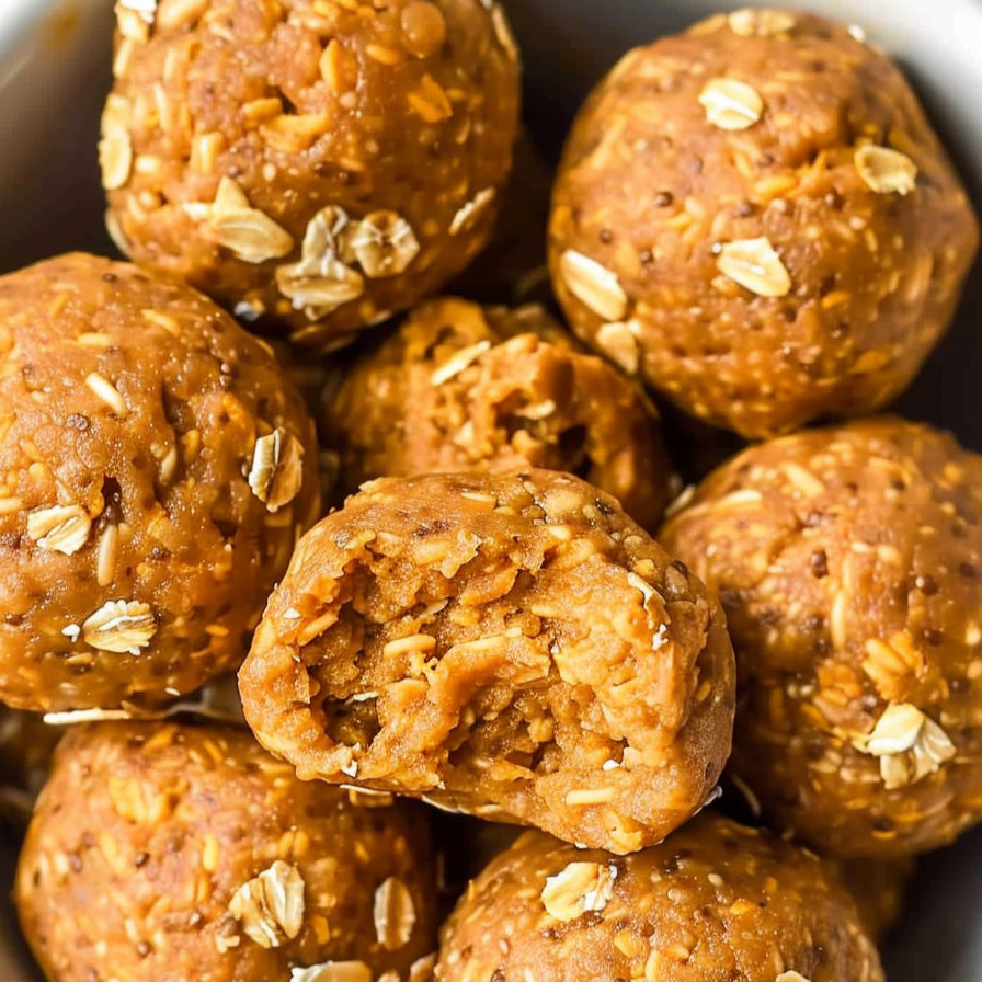 Pumpkin protein balls with oats and pumpkin spice in white bowl on gray marble