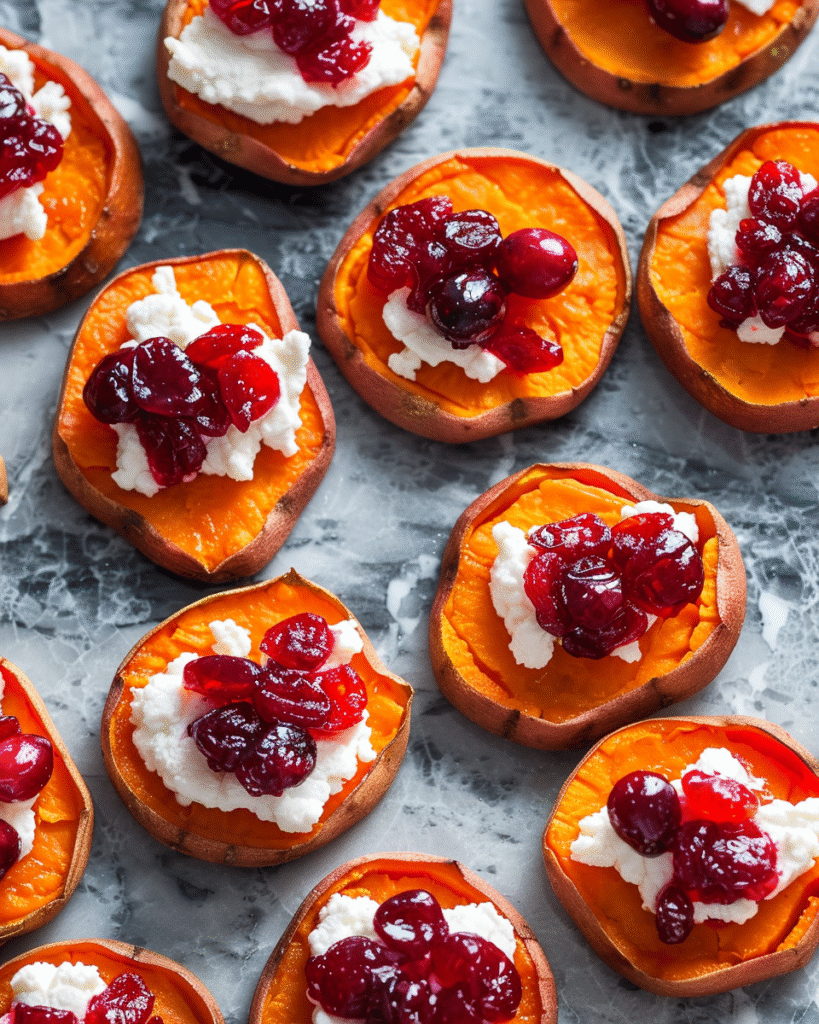 Roasted sweet potato rounds topped with creamy goat cheese and cranberry compote on a clean marble surface.
