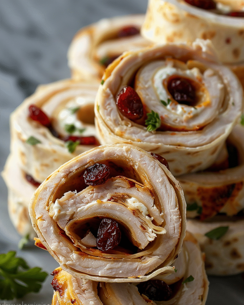 Turkey cranberry pinwheels on a white cutting board, sliced bite-sized rolls showing turkey, cream cheese and cranberries.