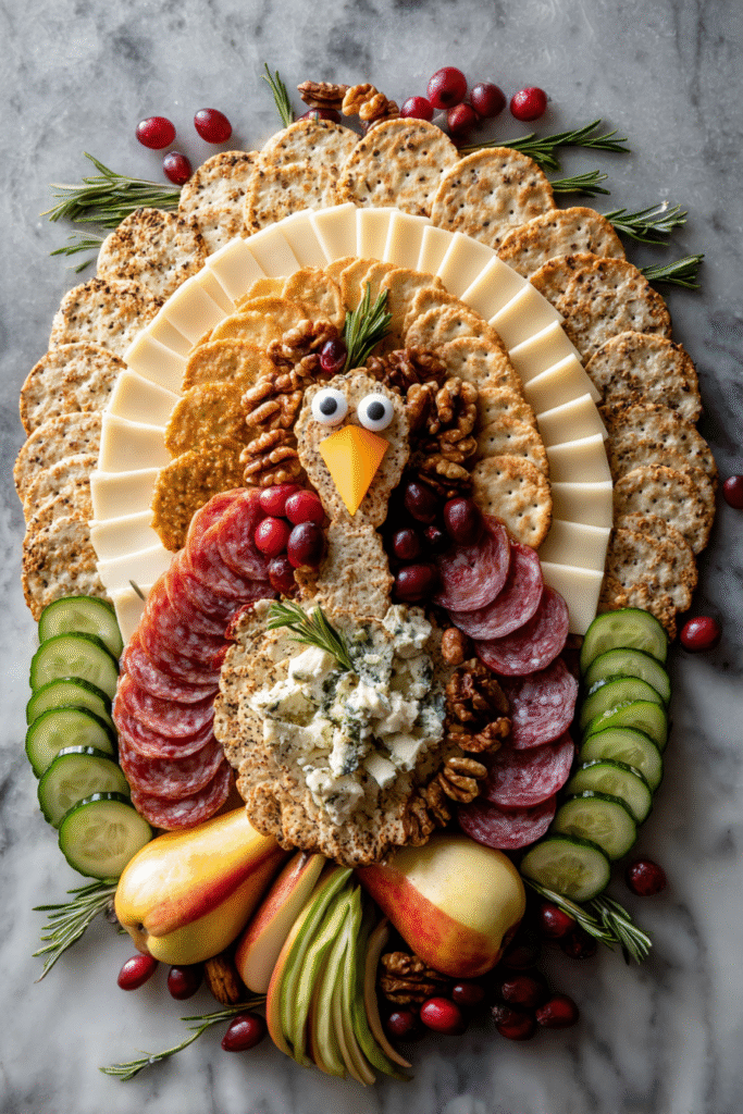 Thanksgiving appetizer platter shaped like a turkey with cheeses, crackers, salami, and vegetables on a round tray