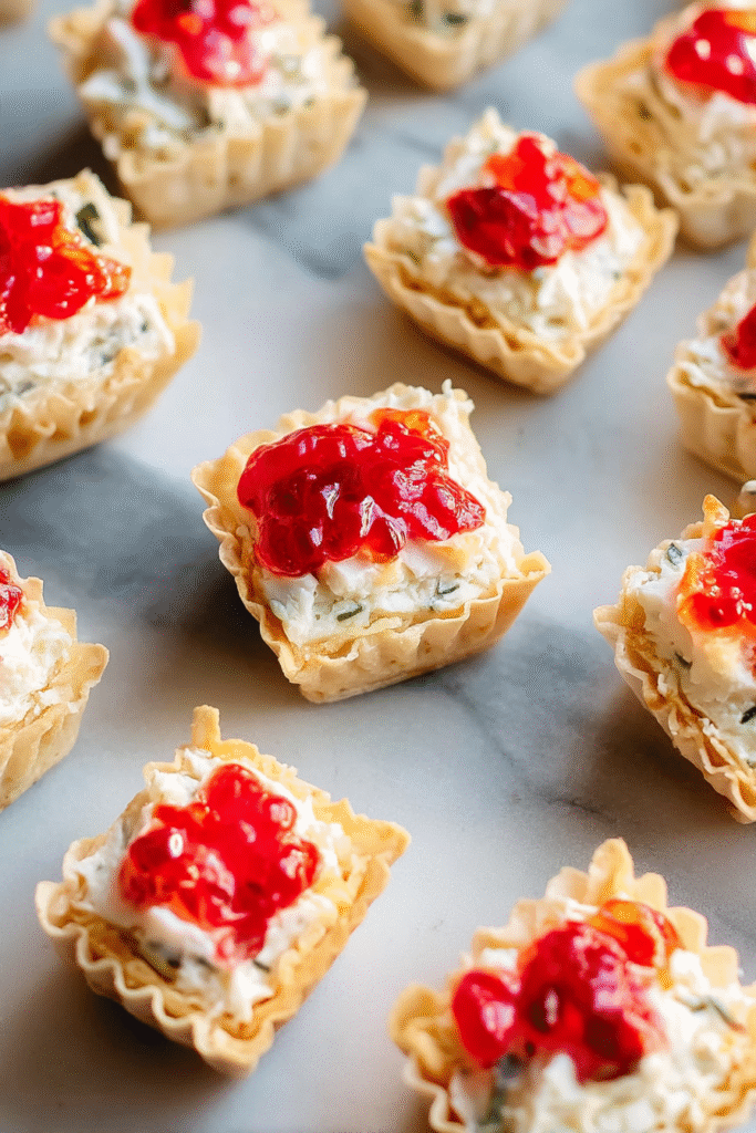 Square bite-sized treats with creamy topping and fruit jam on crisp base, overhead view