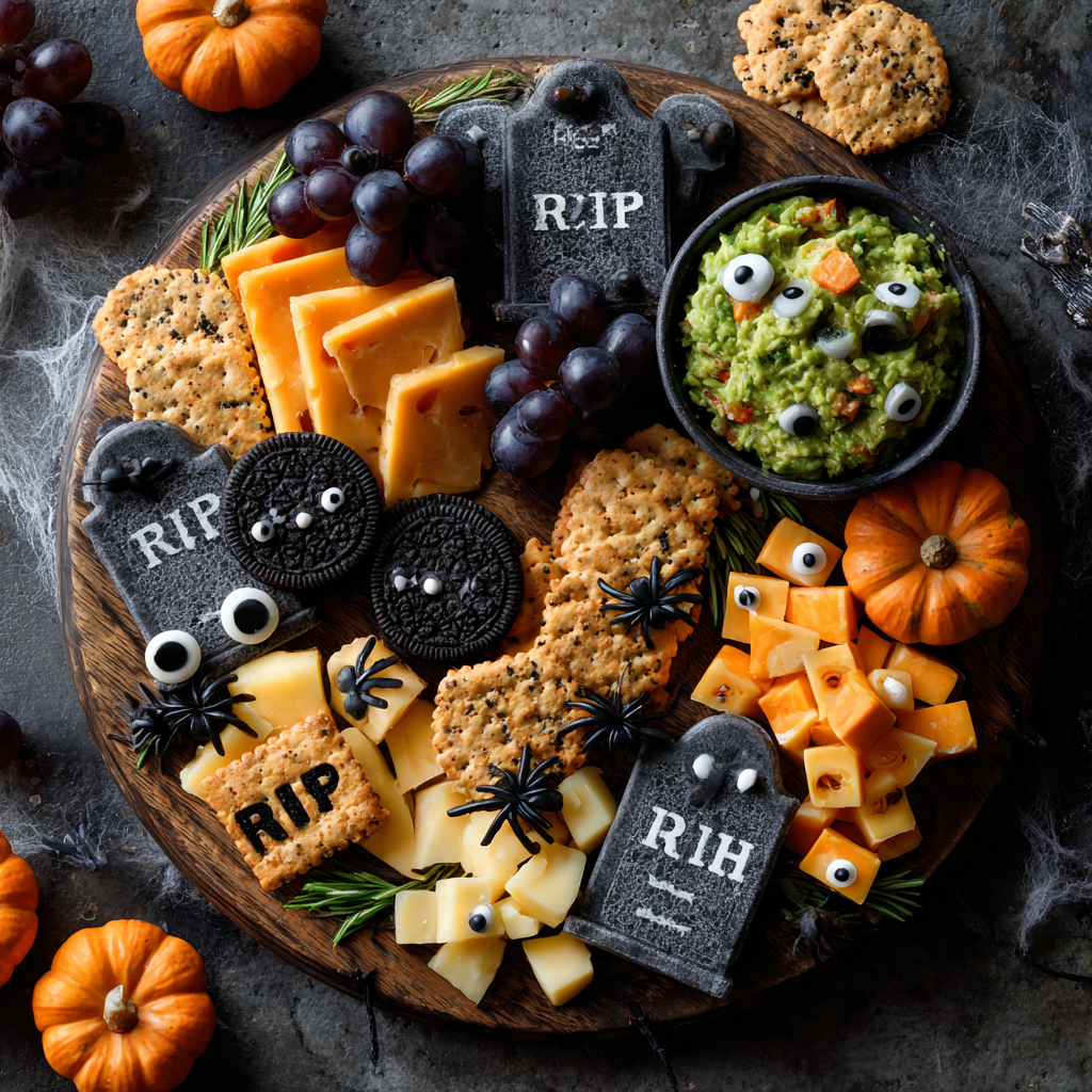 Spooky Graveyard Cheese Platter with cracker tombstones, assorted cheeses, olive spiders, and fresh herbs styled as an easy Halloween party food idea.