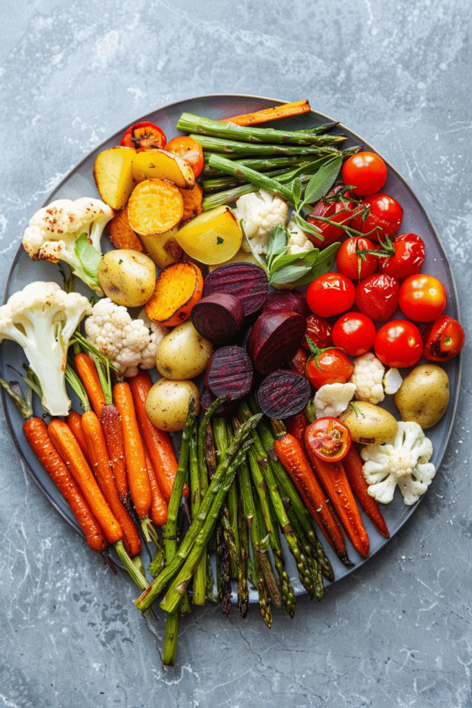 Roasted veggie crudité platter with carrots, beets, potatoes, cauliflower and cherry tomatoes on a serving tray