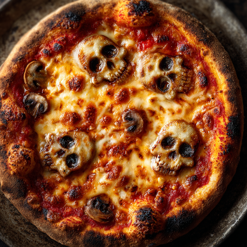 Freshly baked pizza topped with spooky skull-shaped dough, perfect Halloween food idea.
