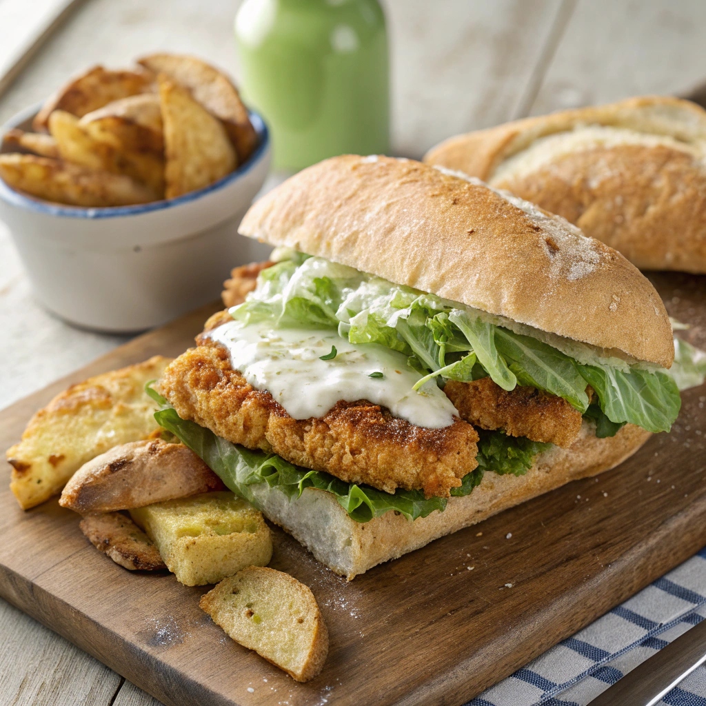 Crispy chicken Caesar sandwich with golden breaded chicken, fresh romaine lettuce, and creamy Caesar dressing