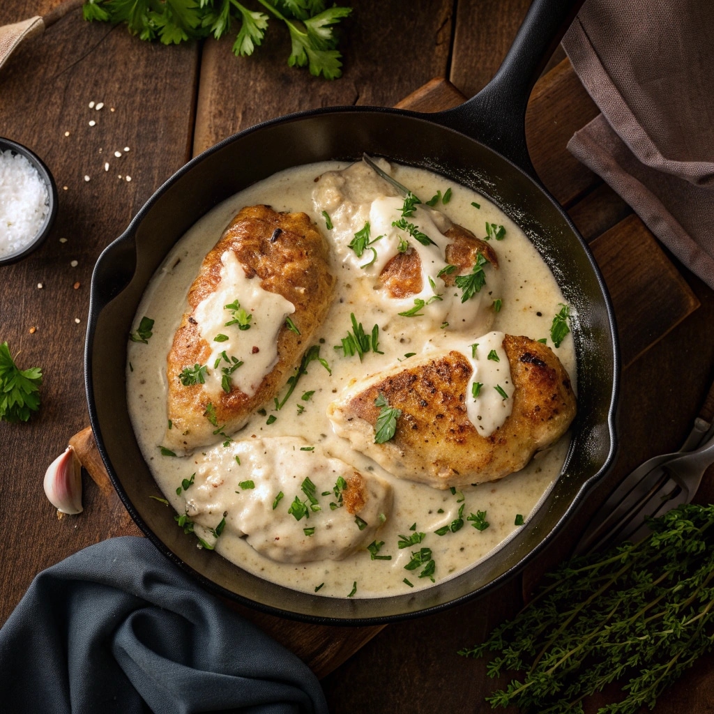 creamy garlic parmesan chicken in skillet