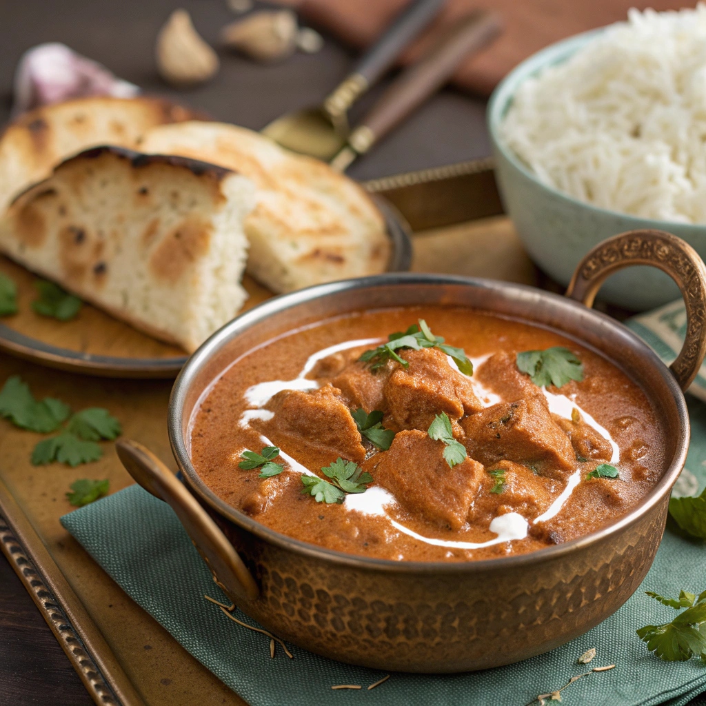 Quick and easy homemade butter chicken served with naan bread and rice, creamy and flavorful Indian curry recipe.