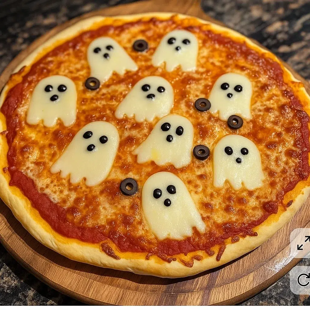 A homemade pizza topped with melted mozzarella ghosts and black olive eyes, a fun and spooky Halloween party recipe for kids and adults