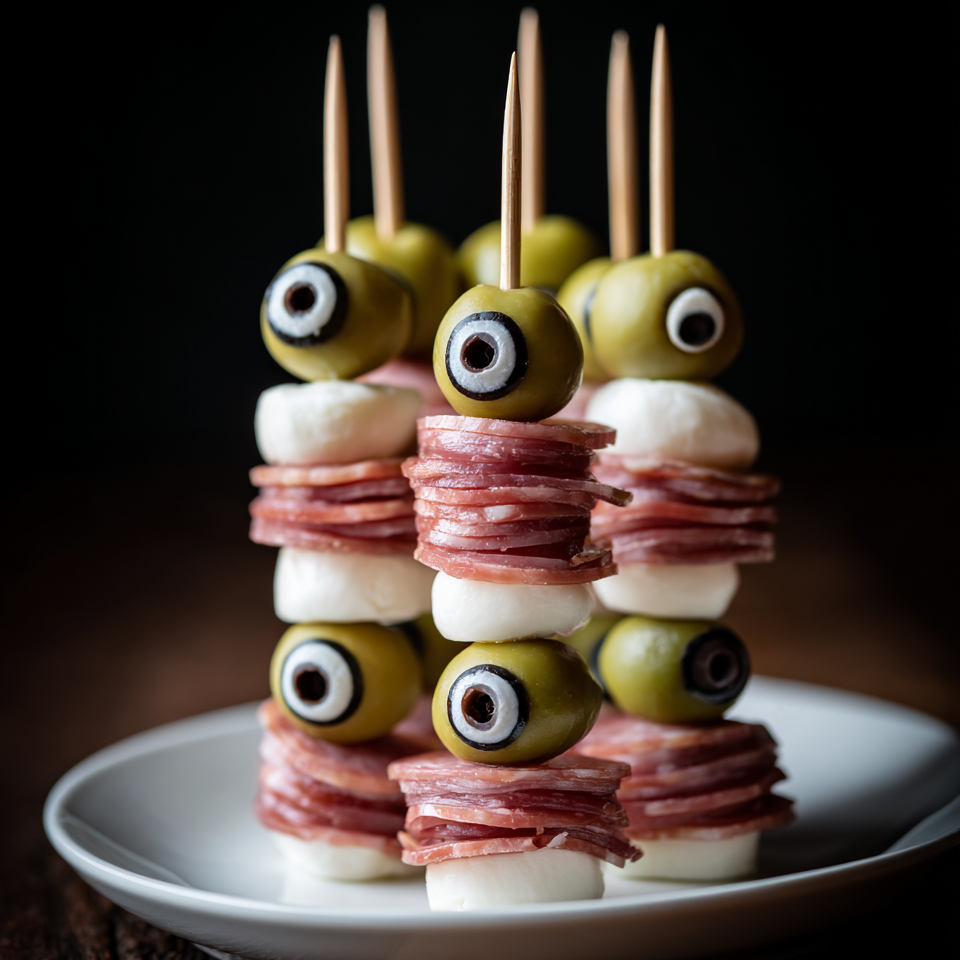 Halloween skewers with mozzarella, salami, and green olives shaped into creepy eyeballs, perfect party appetizer