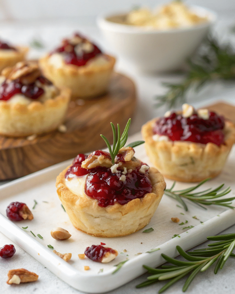 Golden puff pastry cups filled with melted brie, topped with cranberry sauce, pecans, and rosemary garnish.