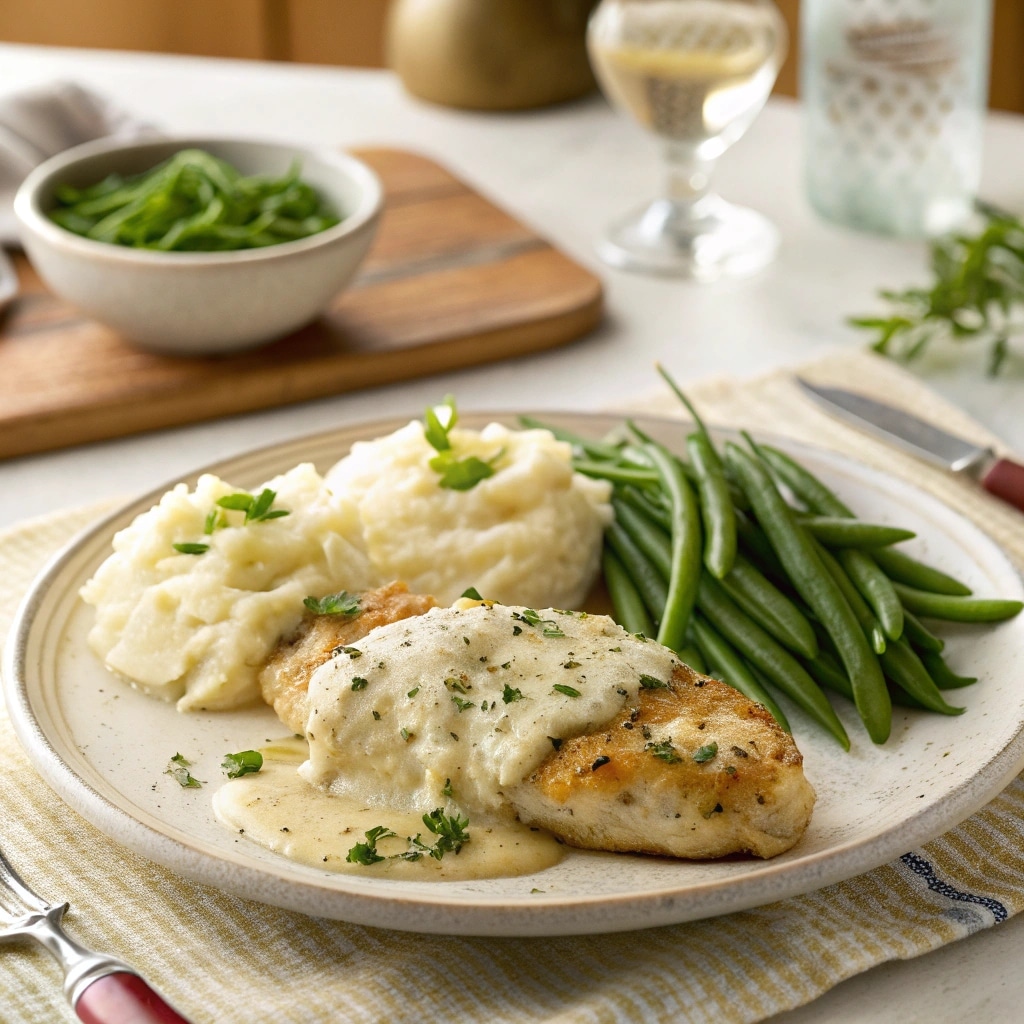 creamy garlic chicken served with mashed potatoes