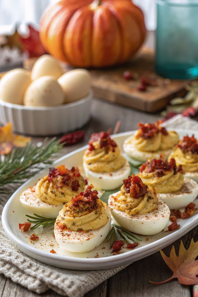 Close-up of deviled eggs topped with crispy bacon and paprika on a rustic Thanksgiving platter