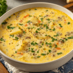 Hearty bowl of hamburger potato soup with ground beef, potatoes, and vegetables in creamy broth