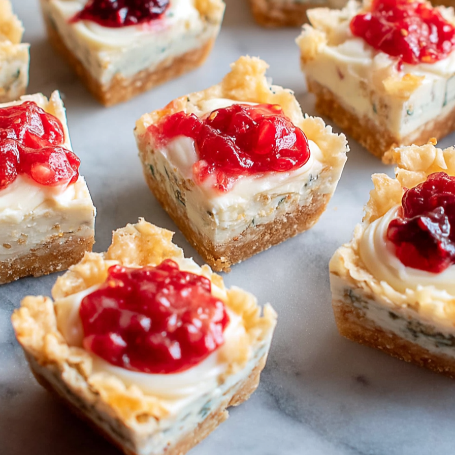 Square bite-sized treats with creamy topping and fruit jam on crisp base, overhead view
