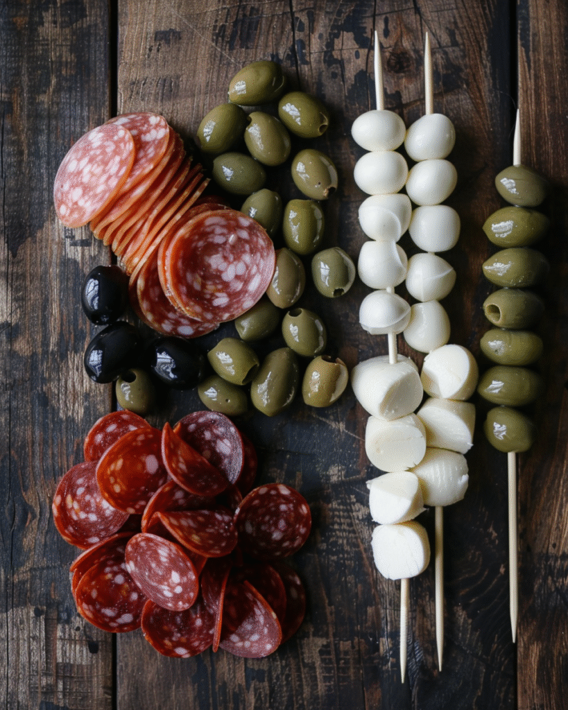 Halloween Salami & Olive Eyeball Skewers 2 Flatlay of green olives, black olive slices, mozzarella balls, salami slices, and skewers for Halloween eyeball snacks