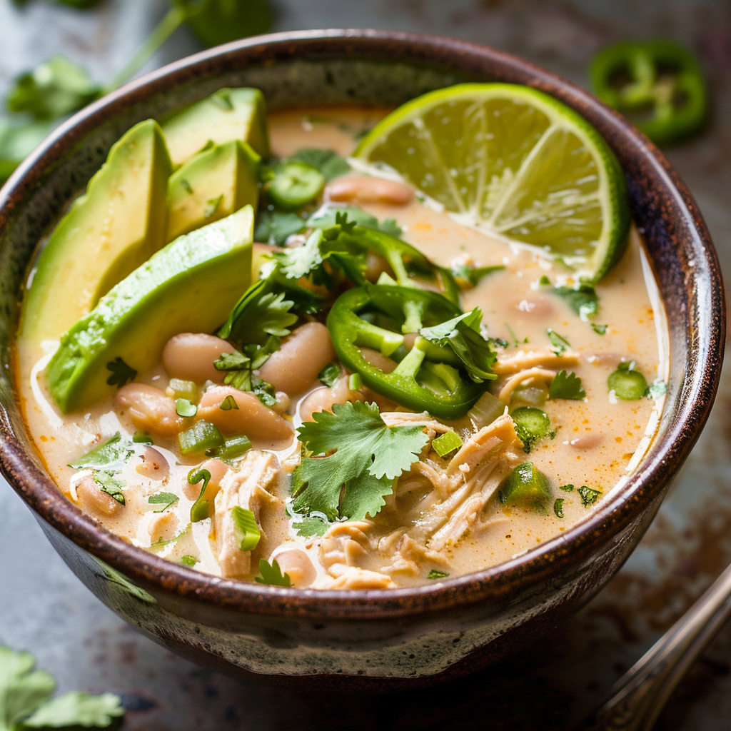 A bowl of creamy white chicken chili topped with sliced avocado, lime wedges, and cilantro on a marble table.
