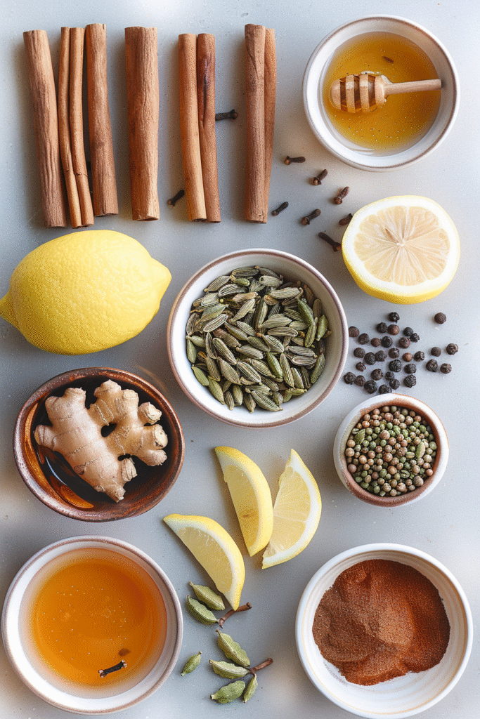 flatlay of herbal tea ingredients with lemon, ginger, cinnamon, honey, and spices on light background