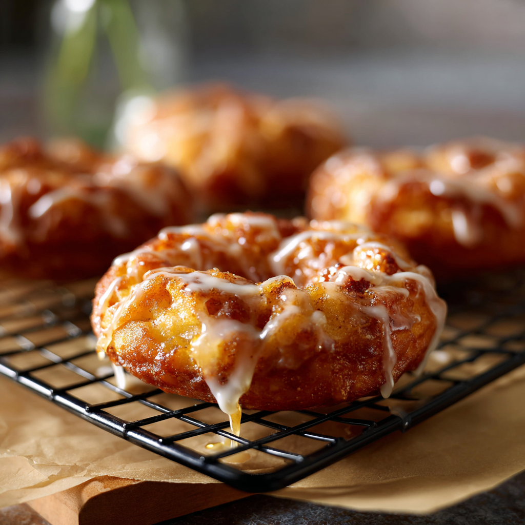 Glazed apple fritters cooling on a wire rack—crispy edges, soft apple-studded centers; cozy fall dessert