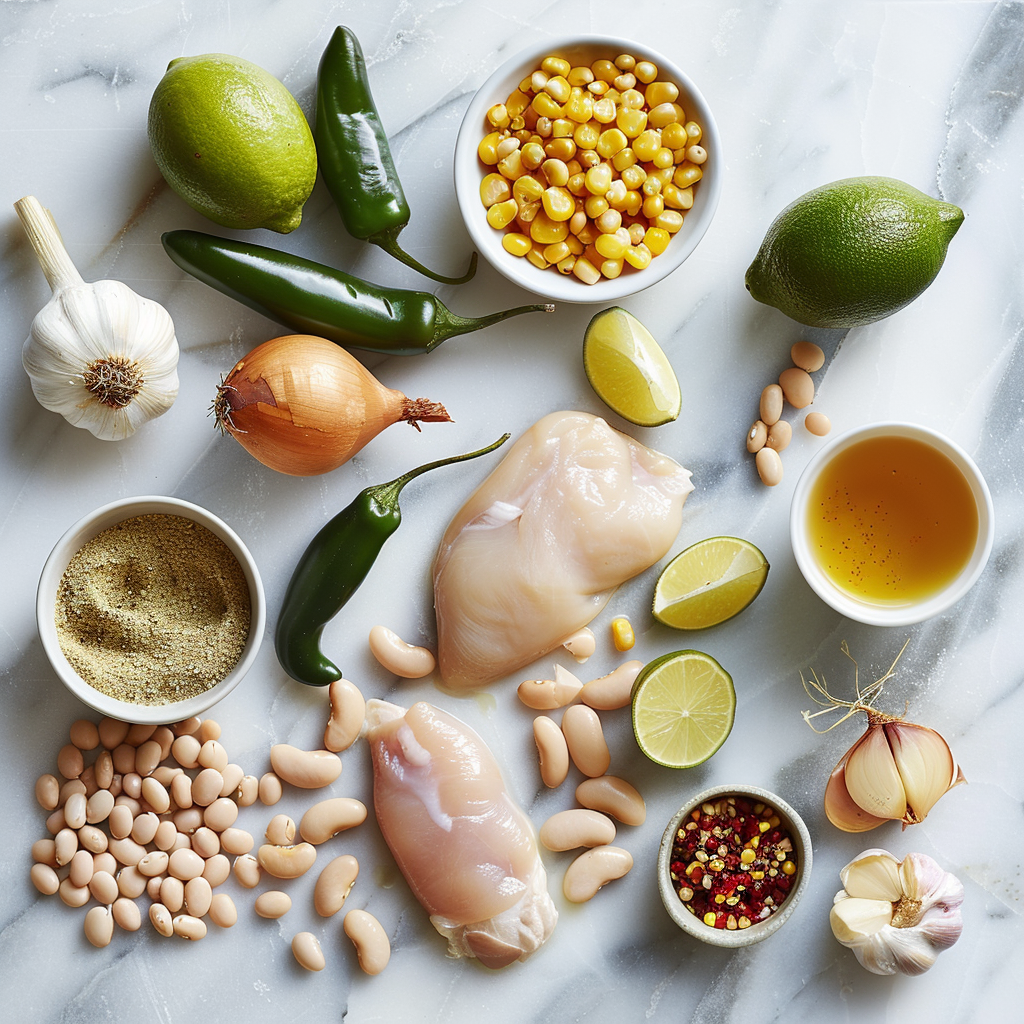 Flat lay of healthy chicken chili ingredients: chicken breasts, white beans, corn, jalapeños, onion, garlic, limes, broth, spices