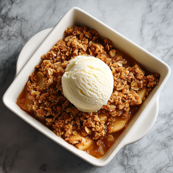 Overhead of easy apple crisp in a white baking dish with a scoop of vanilla ice cream on gray marble.