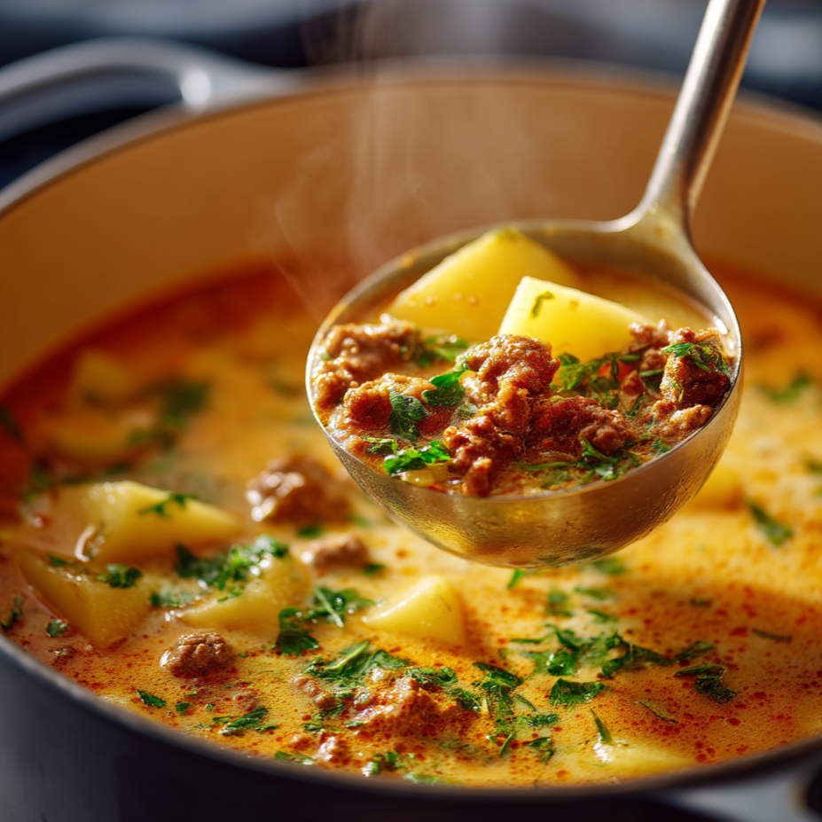 Ladle lifting cheesy beef and potato soup from a pot, top-down view with melted cheddar and chives.