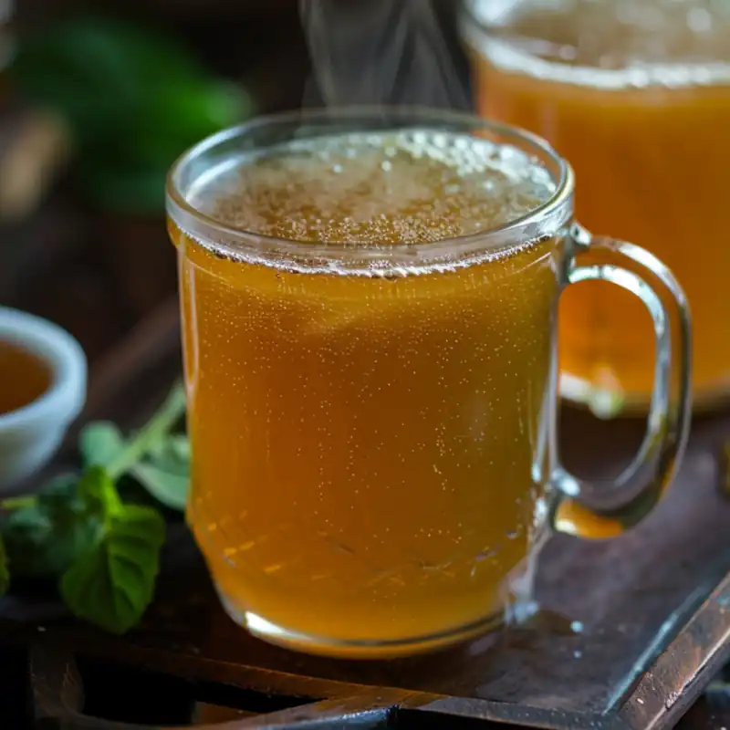 Steaming spiced herbal tea in a clear glass mug with cinnamon, ginger, and mint on a rustic tray.