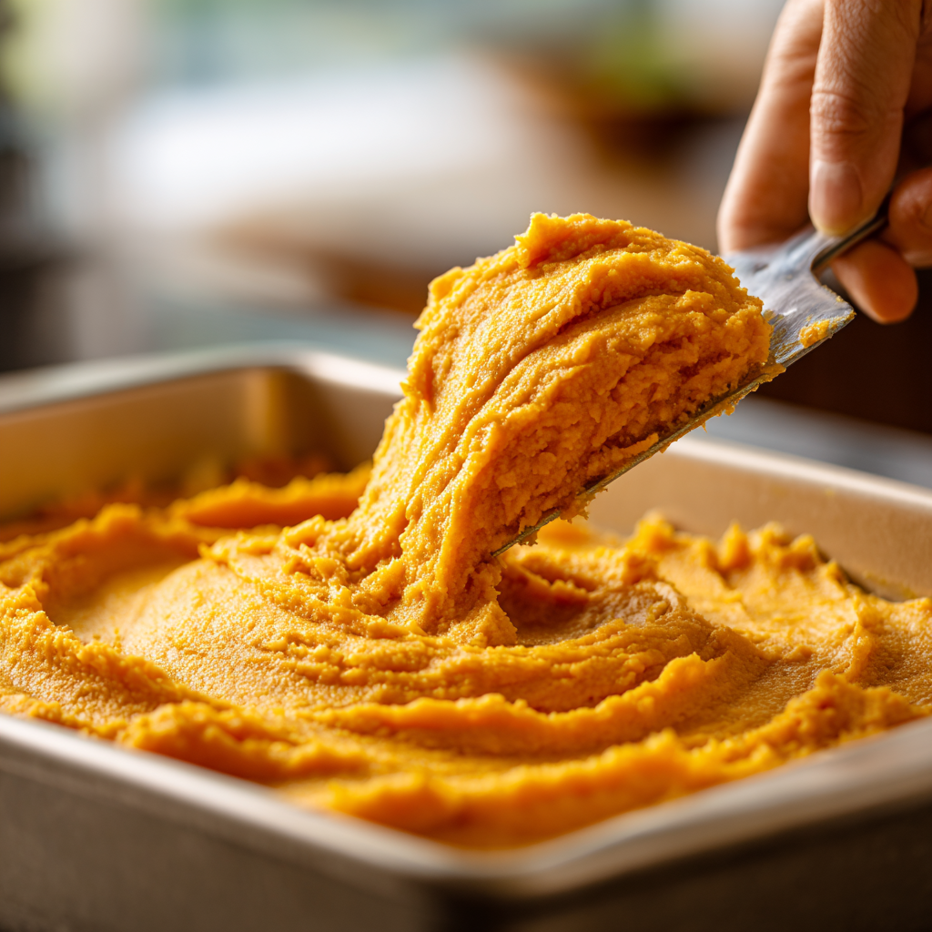 Spreading sweet potato mixture into casserole dish