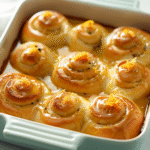 Orange rolls recipe in a ceramic dish with glaze
