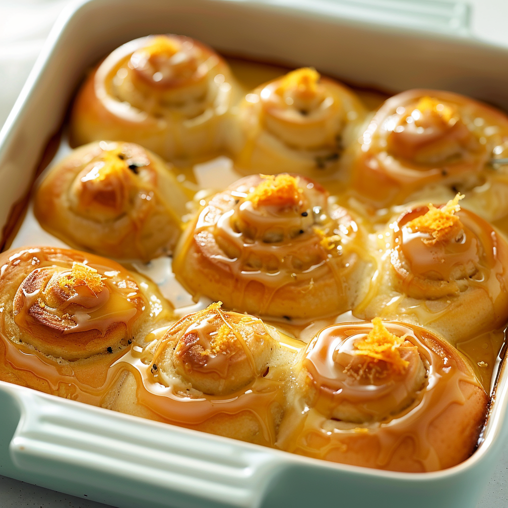 Orange rolls recipe in a ceramic dish with glaze