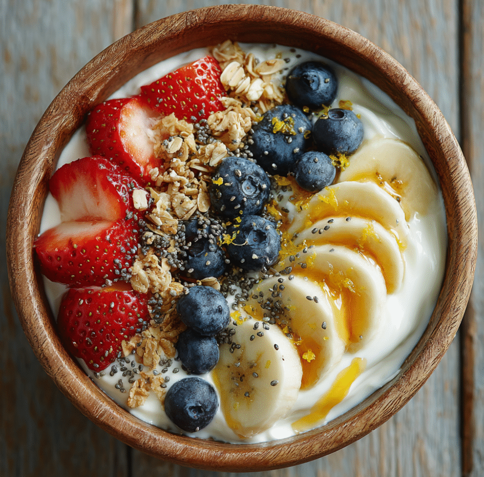 Overhead Greek yogurt bowl topped with strawberries, blueberries, banana slices, and granola in a ceramic bowl on a neutral background.