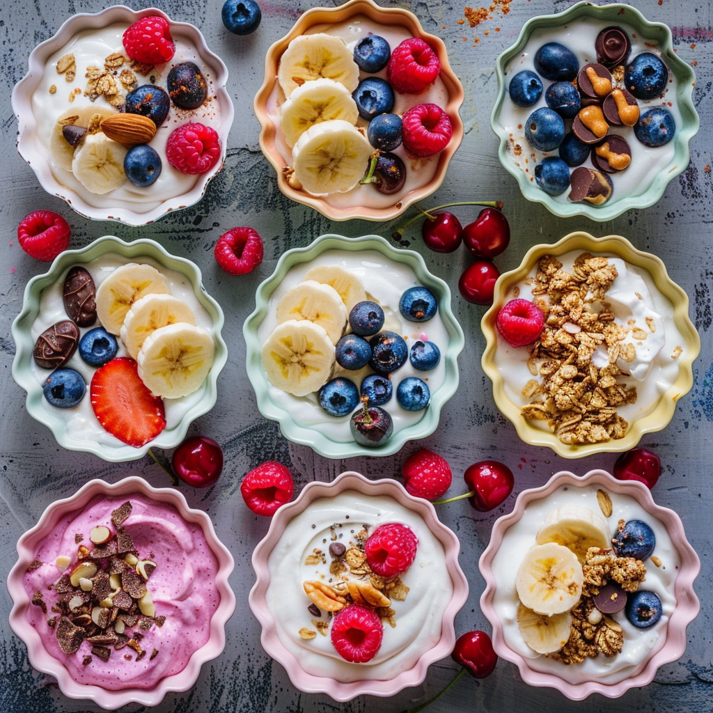 5-minute Greek yogurt bowls (quick, easy & gorgeous) 3 Overhead view of pastel scalloped bowls filled with Greek yogurt, topped with blueberries, raspberries, strawberries, banana slices, granola, almonds, chocolate chips, and peanut butter, on a gray stone surface.
