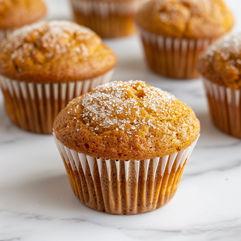 Close-up of a moist pumpkin muffin in a white liner on a marble surface