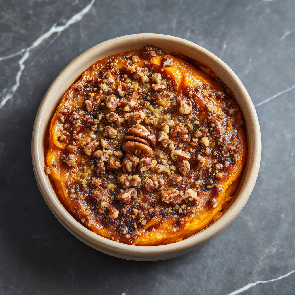 Sweet potato casserole with pecan topping in ceramic dish
