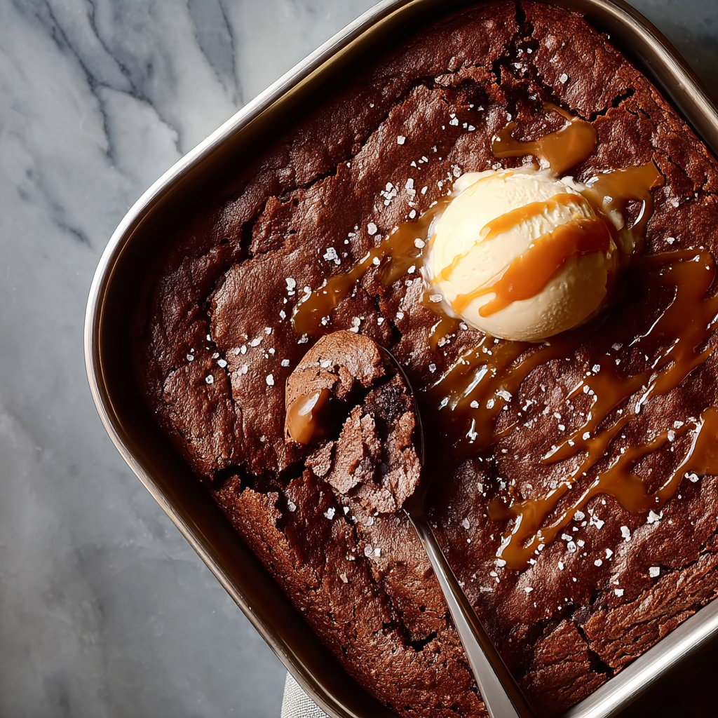 Overhead close-up of pumpkin brown butter brownie in stainless steel pan on dark gray marble; cracked shiny top, melting vanilla ice cream, caramel drizzle, flaky sea salt.