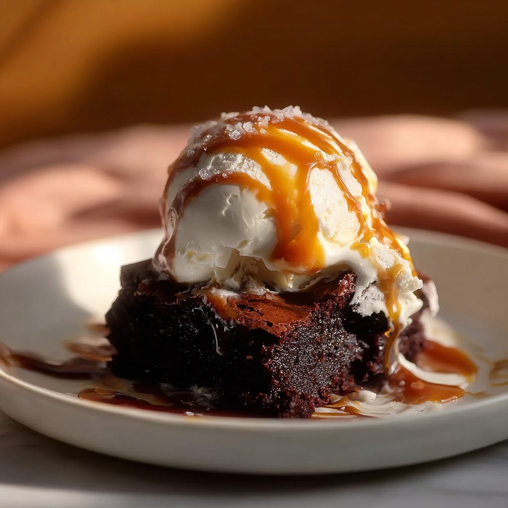 Fudgy brown butter pumpkin brownie topped with vanilla ice cream, salted caramel drizzle, and flaky sea salt on a white plate, warm background.