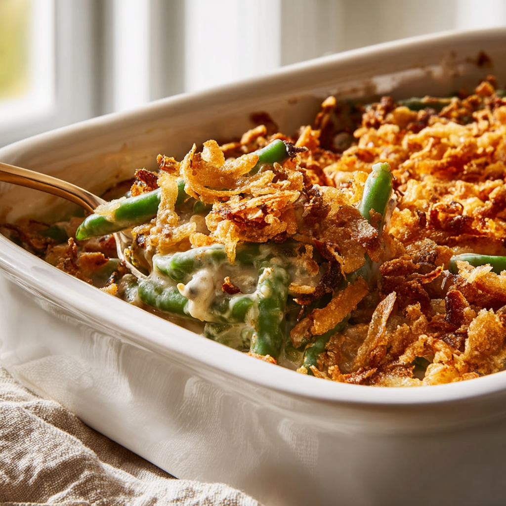 Close-up serving of green bean casserole with creamy center and extra crispy onions on top