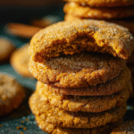 Soft and chewy pumpkin spice cookies stacked on a plate, cozy fall dessert recipe