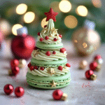 Christmas Tree Cake Macarons decorated with green shells, sprinkles, and creamy Christmas tree cake filling on a holiday dessert tray.