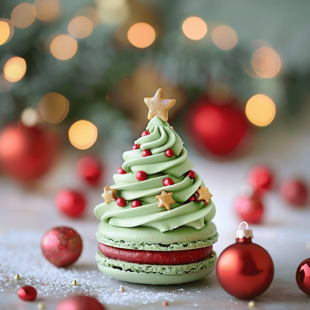 Christmas Tree Cake Macarons decorated with green shells, sprinkles, and creamy Christmas tree cake filling on a holiday dessert tray.