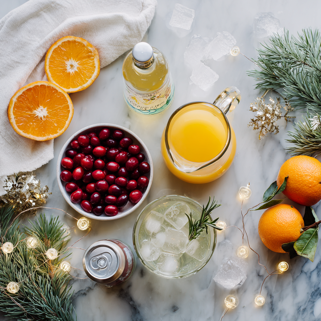Flat lay of Christmas Morning Punch ingredients including orange juice, cranberry juice, pineapple juice, sparkling water, fresh cranberries, orange slices, rosemary sprigs, and ice cubes on a marble surface with festive decor.