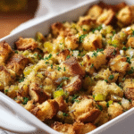 Golden-brown Thanksgiving stuffing with celery and onions in a white baking dish, topped with parsley, classic homemade side dish.