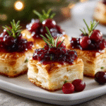 Square puff pastry bites filled with melted brie cheese and topped with cranberry sauce and rosemary sprigs, served on a white platter for a festive appetizer.