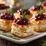 Baked cranberry brie bites served on a platter with fresh rosemary and cranberries