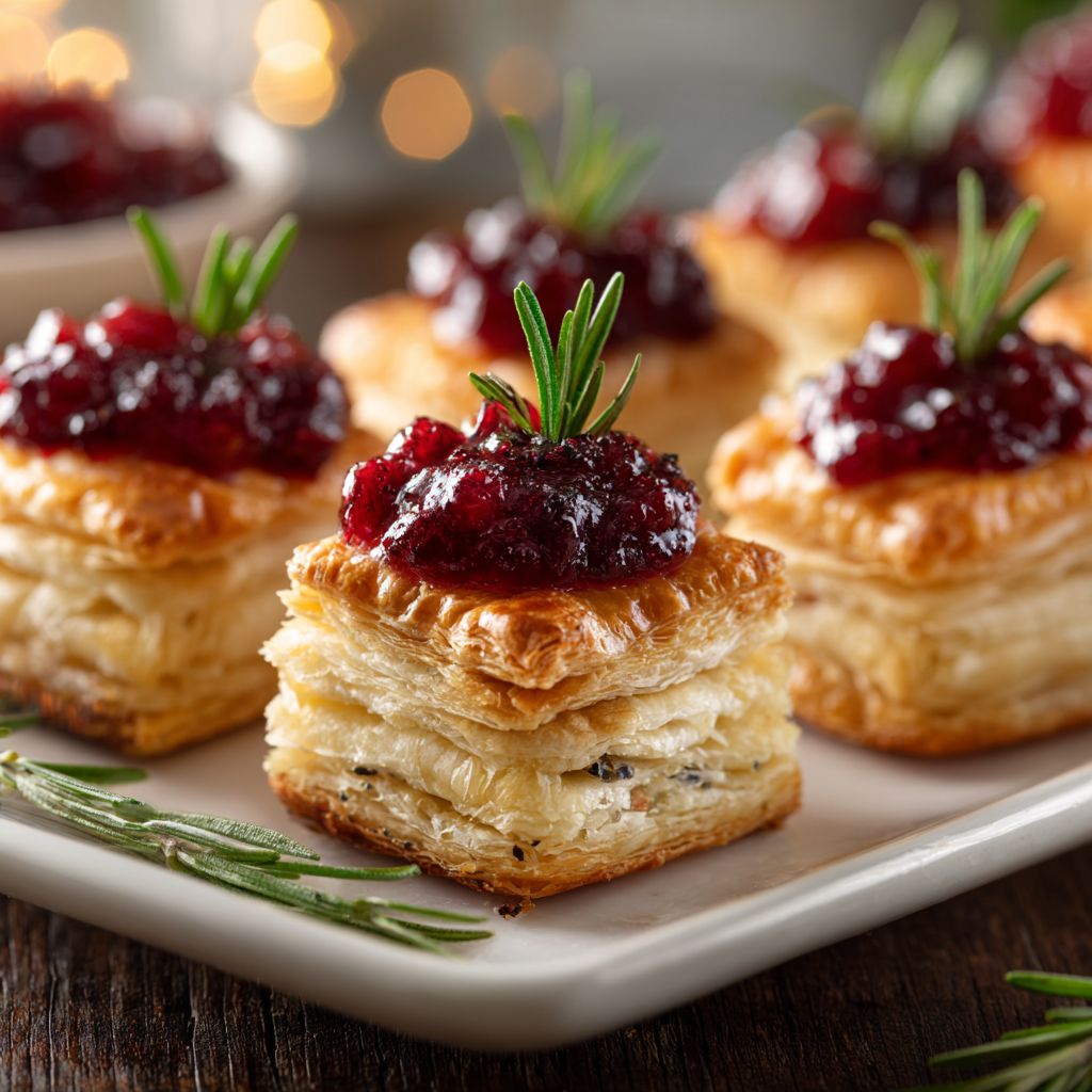 Baked cranberry brie bites served on a platter with fresh rosemary and cranberries